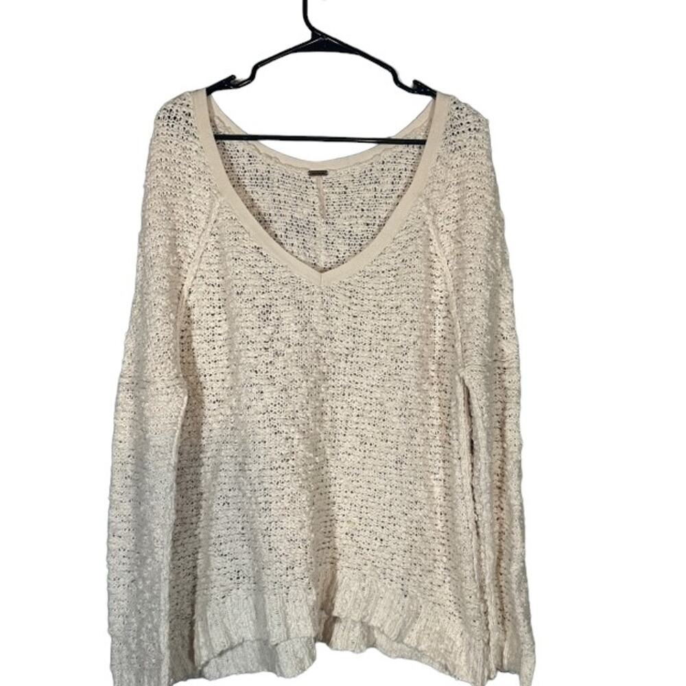 Free People White Long Sleeve Cotton Blend V-Neck Knit Sweater Women Sz M